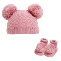 H610-RO: Rose Gold Pom Pom Hat & Bootee Set (0-6m)